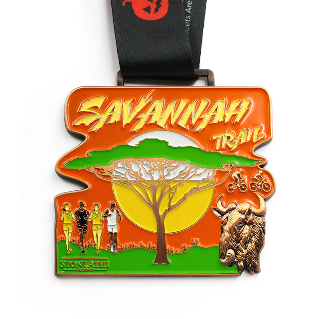 Custom running medal - Savannah Trail adventure design with runners, buffalo, and acacia tree