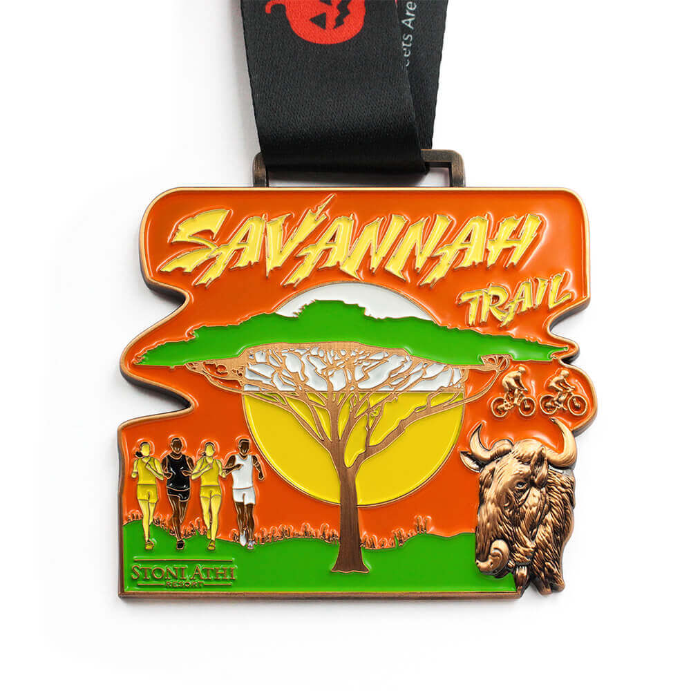 Custom running medal - Savannah Trail adventure design with runners, buffalo, and acacia tree
