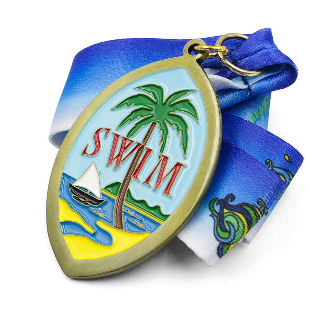 Personalized tropical swim medal featuring palm tree, sailboat and ocean waves on gradient blue satin ribbon, ideal for custom race medals and swimming events