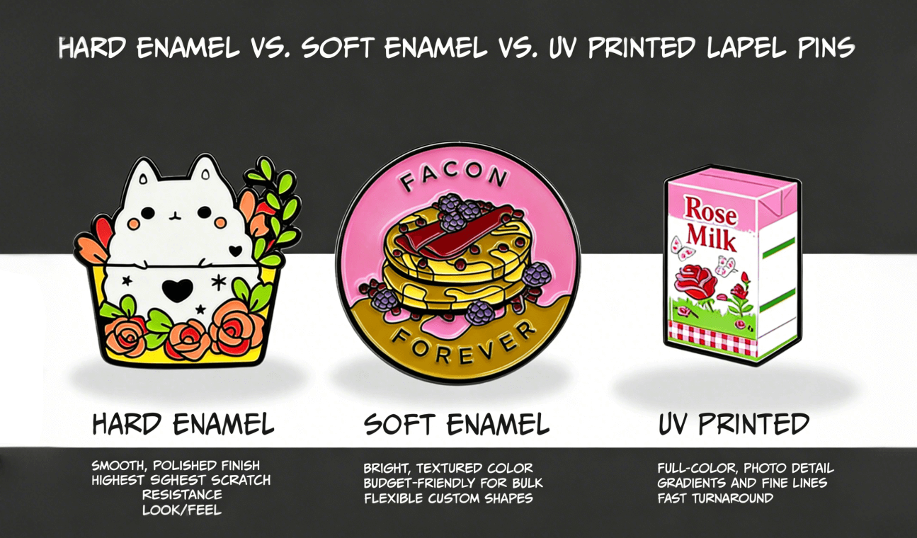 Soft Enamel/Hard Enamel vs. UV Printed Pin, Which One Fits Your Design?