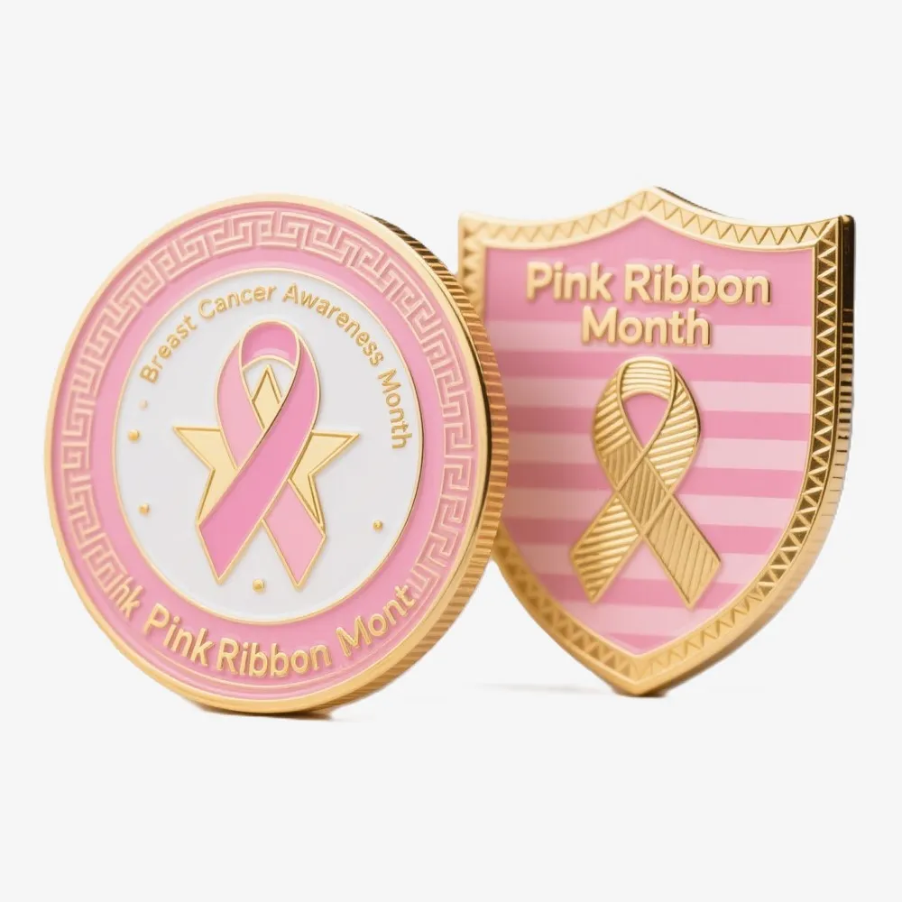 Two Pink Ribbon Month challenge coins with breast cancer awareness ribbons, gold borders, and pink-and-white color designs.