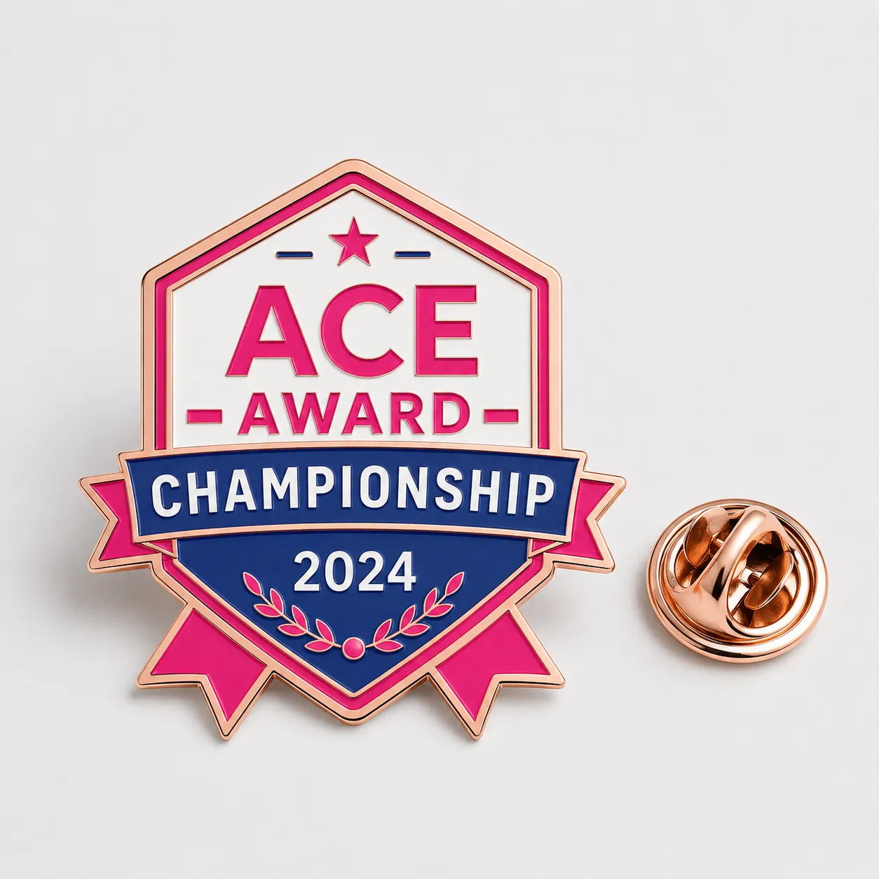 Custom ACE Award Championship 2024 enamel pin in pink, blue, and rose gold, shown with a butterfly clutch backing.