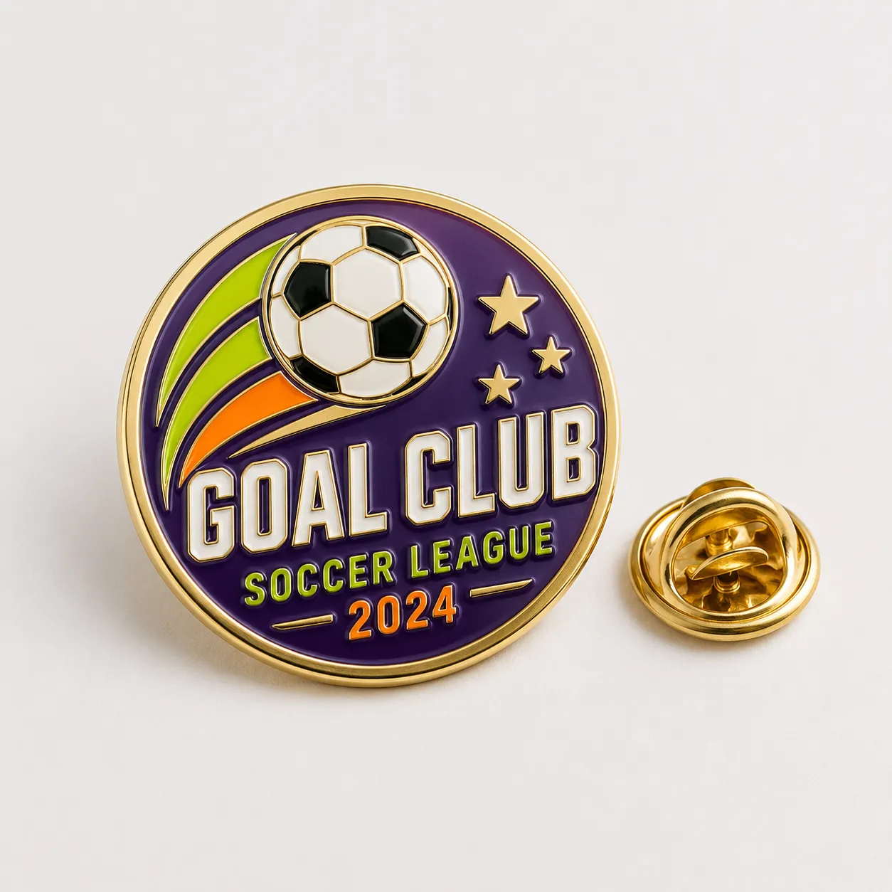 Round Goal Club Soccer League 2024 soccer-themed enamel pin with a purple background, gold border, and butterfly clutch backing.