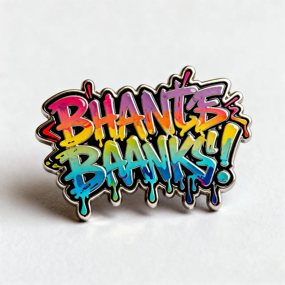 Colorful graffiti-style text enamel pin reading “Bhanks Baanks!” with a silver metal outline.