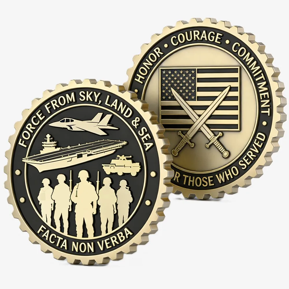 Two military-themed metal challenge coins featuring a skull design and an eagle emblem, with blue borders and an antique brass finish.