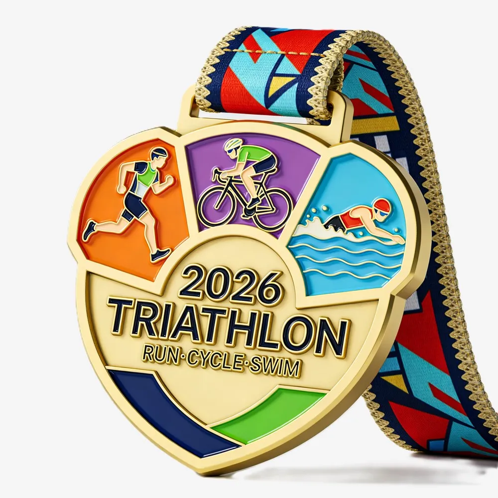 Custom 2026 triathlon medal with running, cycling, and swimming icons, paired with a colorful geometric ribbon.