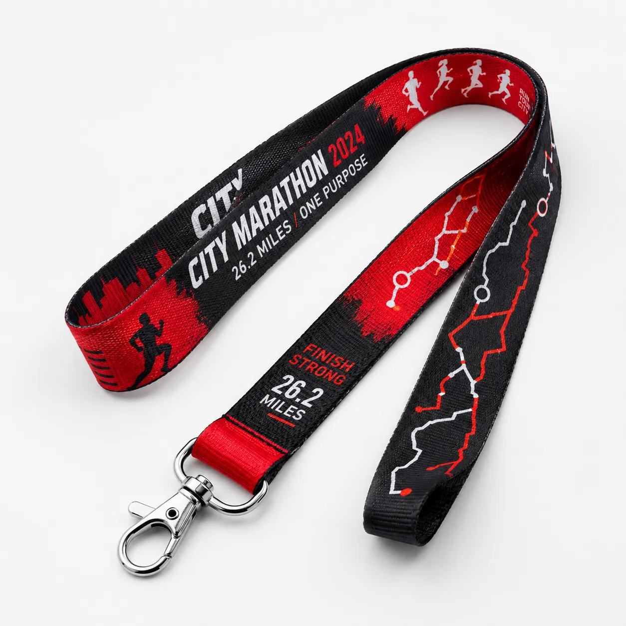 Black and red marathon-themed lanyard printed with “City Marathon 2024,” “26.2 Miles,” and running route graphics, with a silver metal clasp.