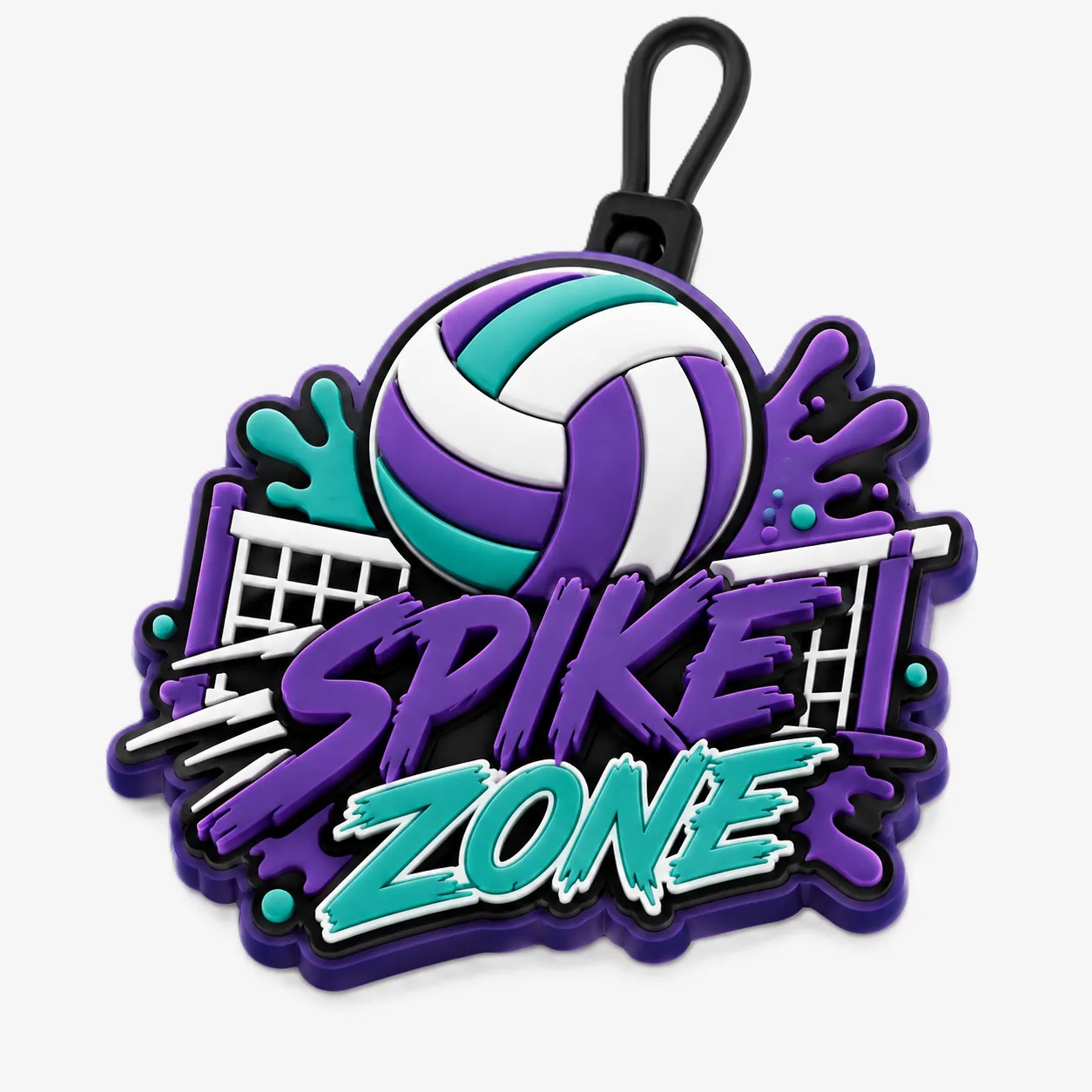 Purple and teal volleyball-themed PVC keychain featuring a volleyball, net, and raised “Spike Zone” text.