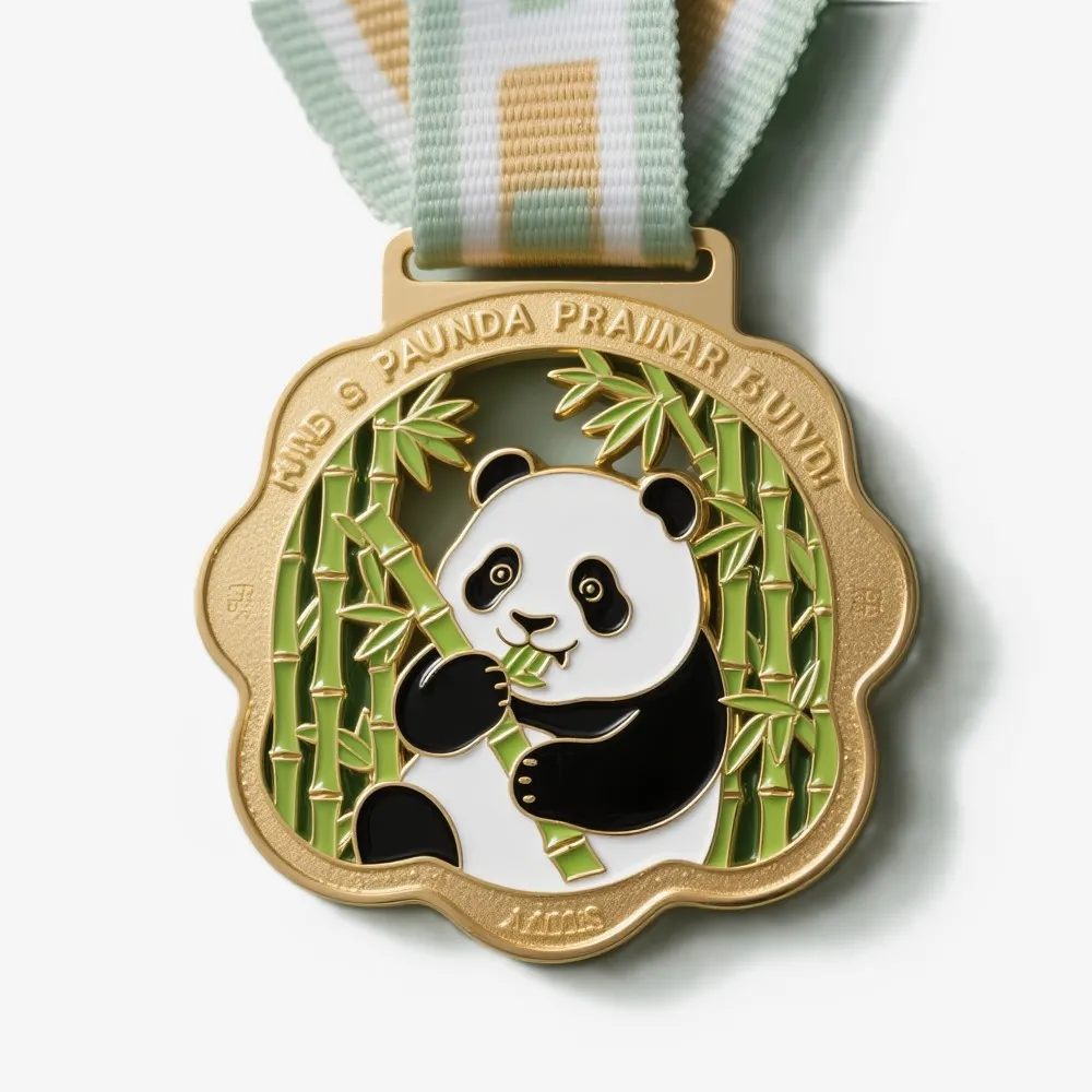 Gold custom panda-themed medal with a bamboo forest background and a light green ribbon.