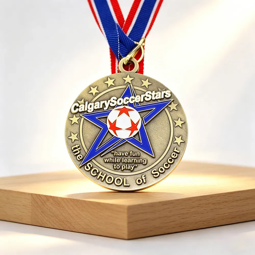 Calgary Soccer Stars round soccer school medal featuring a blue star and soccer ball design, paired with a red, white, and blue ribbon on a wooden display stand.